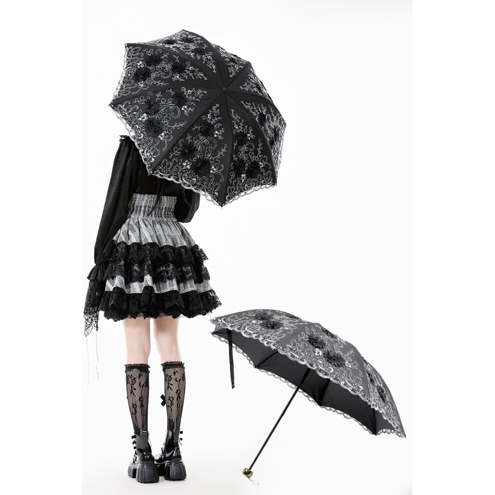 Dark in Love - Lolita Elegant Embroidered DoubleLayer Folding Parasol - Black
